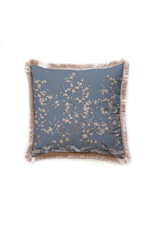 Mavi Çiçek Tasarımlı Kadife Yastık (Dolgu Boncuk Elyaf Uluslararası Yıkama Ve Solmama Sertifikası)