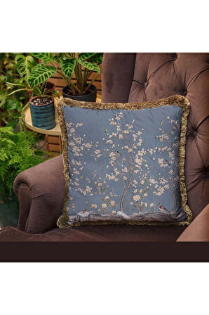 Mavi Çiçek Tasarımlı Kadife Yastık (Dolgu Boncuk Elyaf Uluslararası Yıkama Ve Solmama Sertifikası)