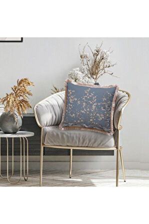 Mavi Çiçek Tasarımlı Kadife Yastık (Dolgu Boncuk Elyaf Uluslararası Yıkama Ve Solmama Sertifikası)