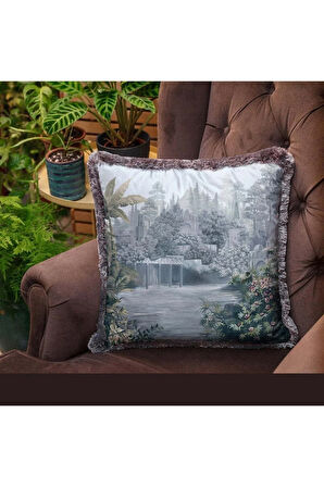 Mavi Ağaç Tasarımlı Kadife Yastık (Dolgu Boncuk Elyaf Uluslararası Yıkama Ve Solmama Sertifikası)