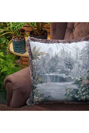 Mavi Ağaç Tasarımlı Kadife Yastık (Dolgu Boncuk Elyaf Uluslararası Yıkama Ve Solmama Sertifikası)