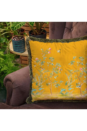 Sarı Çiçek Tasarımlı Kadife Yastık (Dolgu Boncuk Elyaf Uluslararası Yıkama Ve Solmama Sertifikası)