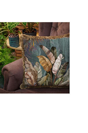 Tropikal Yaprak Tasarımlı Yastık (Dolgu Boncuk Elyaf Uluslararası Yıkama Ve Solmama Sertifikası)