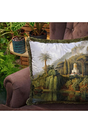 Yeşil Orman Manzaralı Kadife Yastık (Dolgu Boncuk Elyaf, Uluslararası Yıkama Ve Solmama Sertifikası)