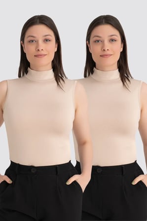 Premium Giyim Ürünü Sade Tarz Kadın Ten 2'li Kolsuz Body Balıkçı Yaka