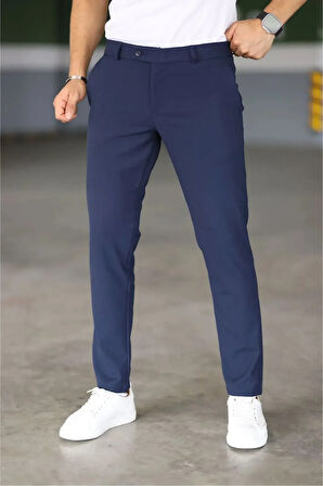Erkek Lacivert Italyan Kesim Likralı Kumaş Pantolon Dar Kesim Boru Paça Spor Tarzı Klasik Pantalon