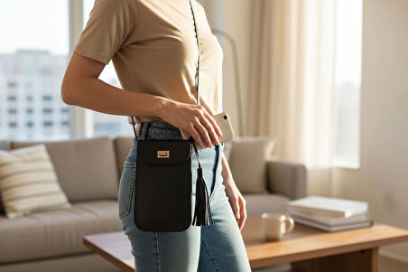 PAİ SİYAH EYCH LAİLA Kadın Telefon Çantası – Kartlık Bölmeli, Minimalist ve Şık Tasarım