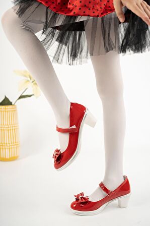 Topuklu Fiyonklu Kırmızı Rugan Kız Çocuk Ayakkabı