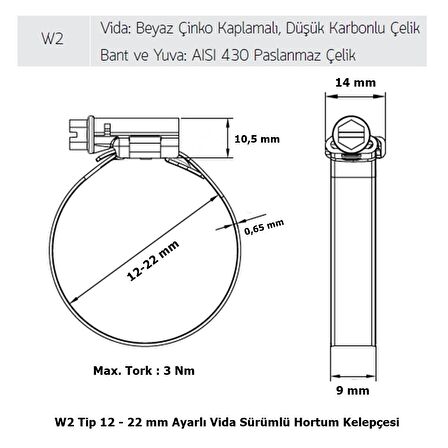Mikalor 3 Adet W2 Hortum Kelepçesi 12-22 mm 430 Klt. Paslanmaz