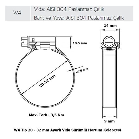 Mikalor 3 Adet W4 Hortum Kelepçesi 20-32 mm 304 Klt. Paslanmaz