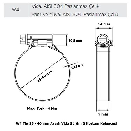 Mikalor 3 Adet W4 Hortum Kelepçesi 25-40 mm 304 Klt. Paslanmaz