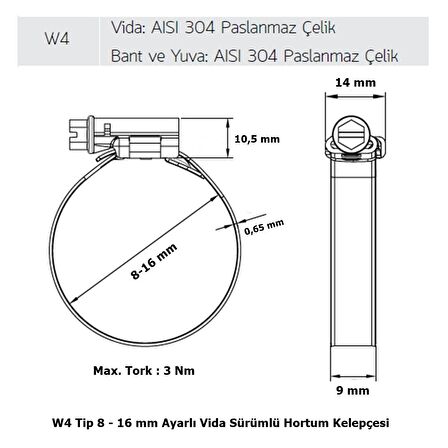 Mikalor 200 Adet W4 Hortum Kelepçesi 8-16 mm 304 Paslanmaz