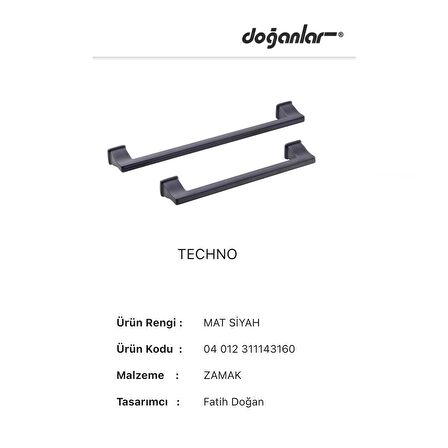 Doğanlar Techno 224 mm Mobilya Kulp Mat Siyah