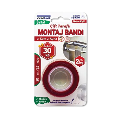 Vodaseal Ekstra Güçlü Çift Taraflı Montaj Bantı Şeffaf 20 mm x 1,5 mt