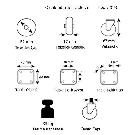 4 Adet Hts U Tablalı Döner Mobilya Tekeri Çap : 52 mm Kod : 323