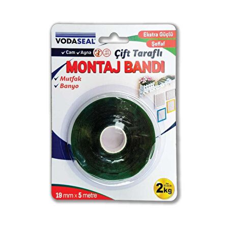 Vodaseal Ekstra Güçlü Çift Taraflı Montaj Bantı Şeffaf 19 mm x 5 mt