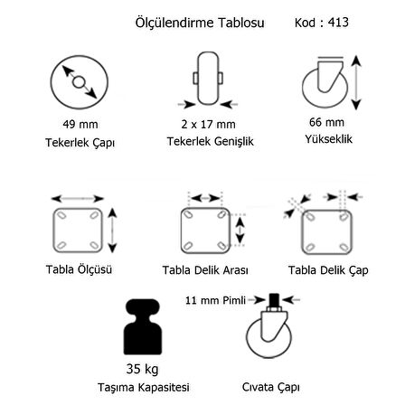 4 Adet Hts Büro Tipi Pimli Döner Mobilya Tekeri Çap: 49 mm Kod : 413