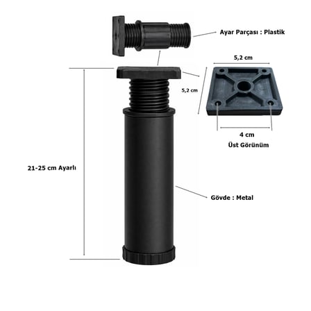 Metal Mobilya Koltuk 21 -25 cm Ayarlı Orta Destek Ayağı Mat Siyah