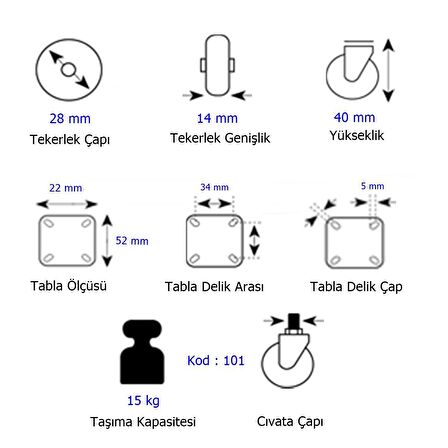 4 Adet Hts Sabit Tablalı Mobilya Tekeri Tekerlek Çap : 28 mm Kod : 101