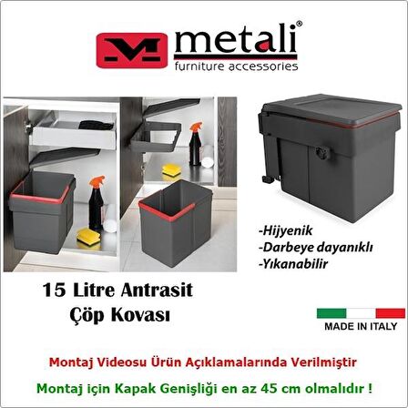 Metali Dolap İçi Çöp Kovası Antrasit 15 lt Made in İtaly