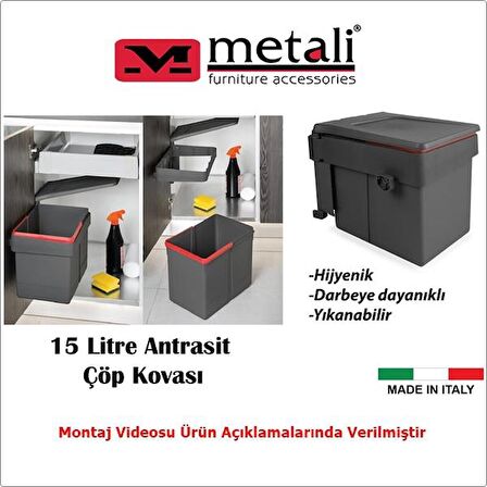 Metali Dolap İçi Çöp Kovası Antrasit 15 lt Made in İtaly