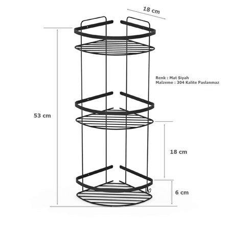 Tema 3 Katlı Köşelik Banyo Rafı Şampuanlık Mat Siyah Paslanmaz 