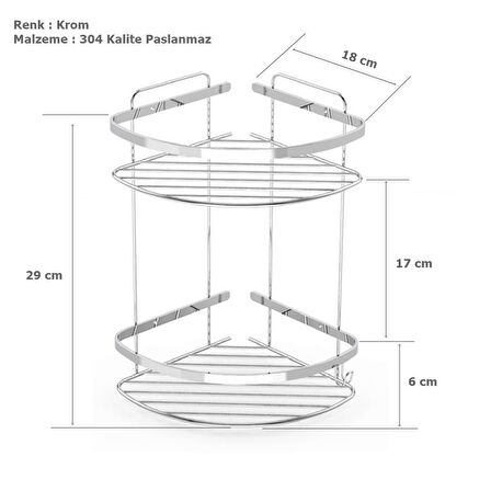 Tema 2 Katlı Köşelik Banyo Rafı Şampuanlık Krom Paslanmaz 