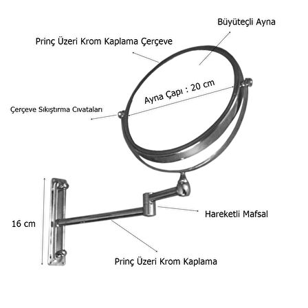 Tema Marka Mafsallı Büyüteçli Makyaj Aynası Paslanmaz Krom 