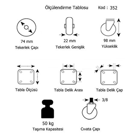 Hts Döner 3/8 Vidalı Mobilya Tekeri Çap : 74 mm Kod : 352