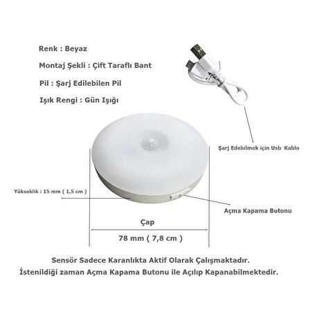 Çok Amaçlı Hareket Sensörlü Şarjlı Dolap içi Led Aydınlatma