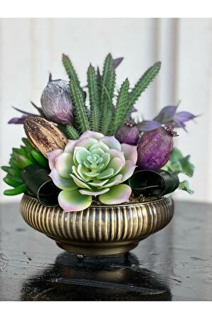 Yapay Sukulentli Küçük Boy Çizgili Yassı Vazo No:1