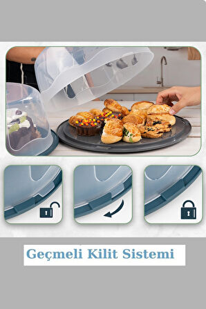 Orta Boy Yuvarlak Kek, Pasta, Taşıma Kutusu, Geçmeli Kilit, Piknik İçin Saklama Kabı Börek Fanusu