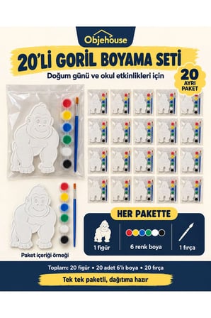 Objehouse Goril Boyama Seti 20'li, 6 Renk Boya ve Fırça, Etkinlik Paketi