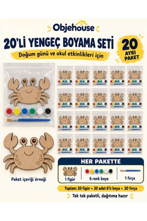 Objehouse Yengeç Boyama Seti 20'li, 6 Renk Boya ve Fırça, Etkinlik Paketi