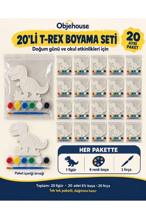 Objehouse T-Rex Boyama Seti 20'li, 6 Renk Boya ve Fırça, Etkinlik Paketi