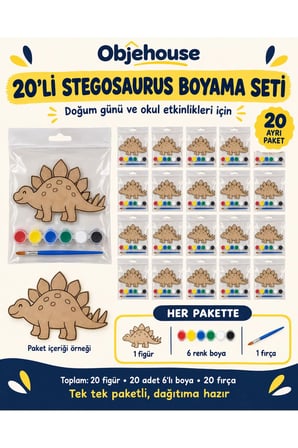 Objehouse Stegosaurus Boyama Seti 20'li, 6 Renk Boya ve Fırça, Etkinlik Paketi