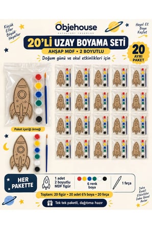 Objehouse Uzay Roketi Boyama Seti 20'li, 6 Renk Boya ve Fırça, Etkinlik Paketi