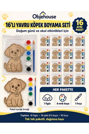 Objehouse Yavru Köpek Boyama Seti 16'lı, 6 Renk Boya ve Fırça, Etkinlik Paketi