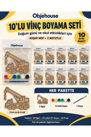 Objehouse Vinç Boyama Seti 10'lu, 6 Renk Boya ve Fırça, Etkinlik Paketi