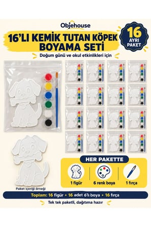 Objehouse Kemik Tutan Köpek Boyama Seti 16'lı, 6 Renk Boya ve Fırça, Etkinlik Paketi