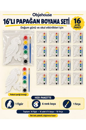 Objehouse Papağan Boyama Seti 16'lı, 6 Renk Boya ve Fırça, Etkinlik Paketi