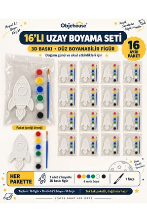 Objehouse Uzay Roketi Boyama Seti 16'lı, 6 Renk Boya ve Fırça, Etkinlik Paketi