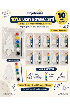 Objehouse Uzay Astronotu Boyama Seti 10'lu, 6 Renk Boya ve Fırça, Etkinlik Paketi
