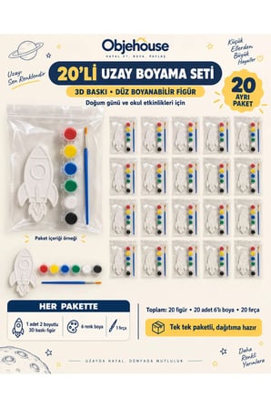 Objehouse Uzay Astronotu Boyama Seti 20'li, 6 Renk Boya ve Fırça, Etkinlik Paketi