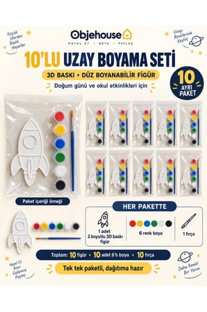 Objehouse Uzay Roketi Boyama Seti 10'lu, 6 Renk Boya ve Fırça, Etkinlik Paketi