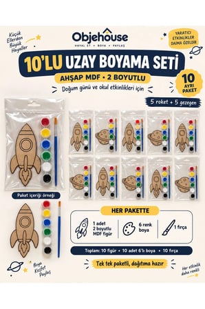 Objehouse Uzay Roketi Boyama Seti 10'lu, 6 Renk Boya ve Fırça, Etkinlik Paketi