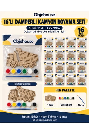 Objehouse Damperli Kamyon Boyama Seti 16'lı, 6 Renk Boya ve Fırça, Etkinlik Paketi