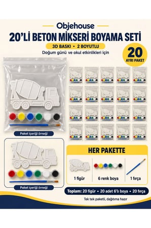 Objehouse Beton Mikseri Boyama Seti 20'li, 6 Renk Boya ve Fırça, Etkinlik Paketi