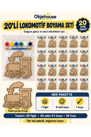 Objehouse Lokomotif Boyama Seti 20'li, 6 Renk Boya ve Fırça, Etkinlik Paketi