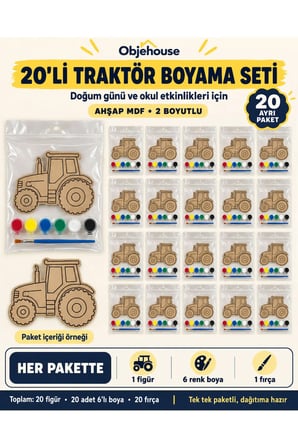 Objehouse Traktör Boyama Seti 20'li, 6 Renk Boya ve Fırça, Etkinlik Paketi